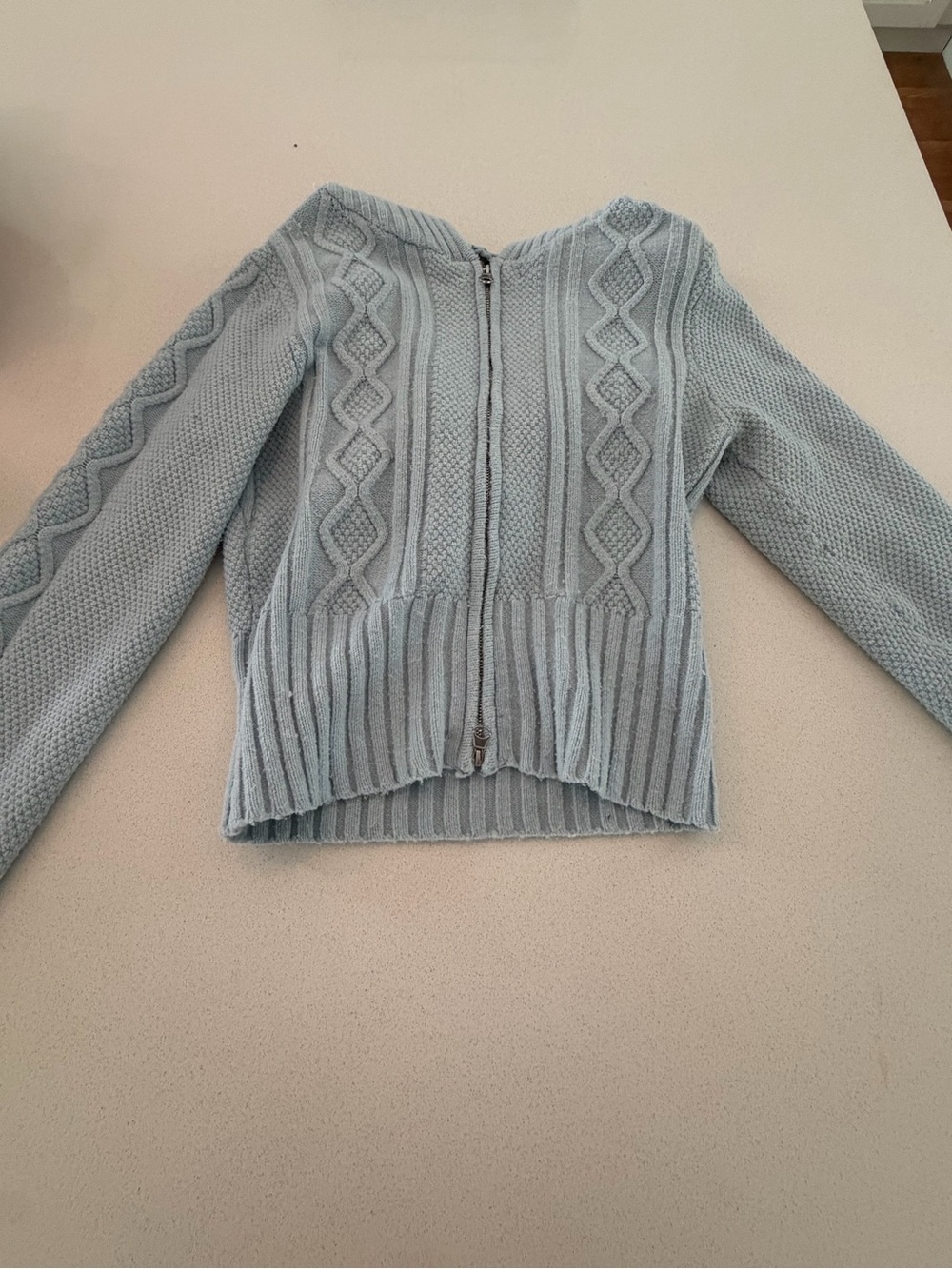 Light Blue Cable Knit Zip Sweater